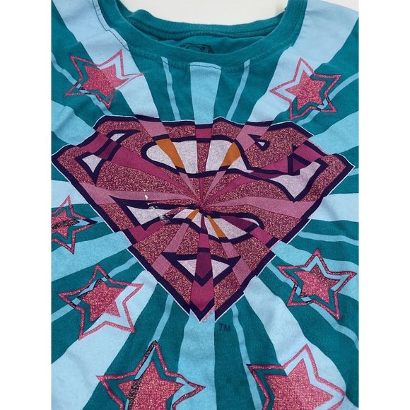 Girls Size 14 Large Teal Supergirl, Dc Comics Tee Shirt Stars Casual School - Picture 3 of 10